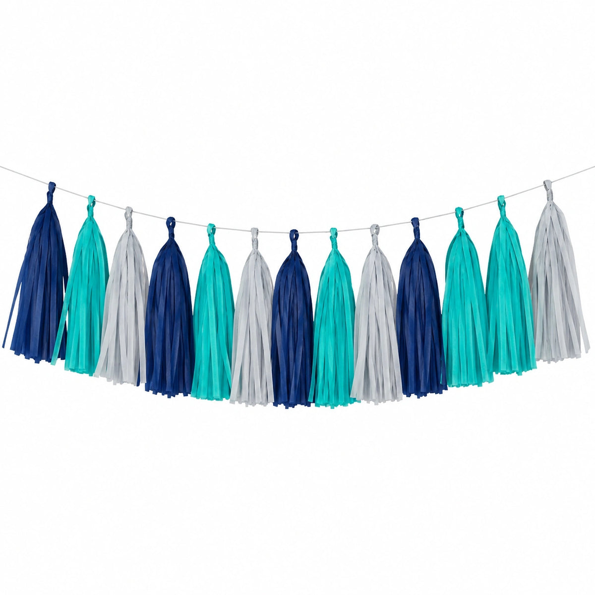 Ghirlanda con nappe 300 cm in carta velina blu turchese e grigio per feste